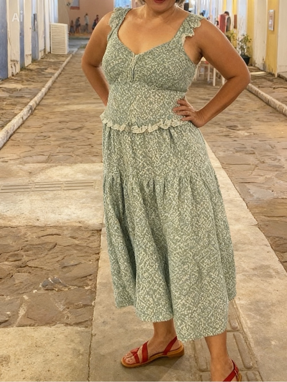 Smocked Ruffle Midi Dress in Sage Green